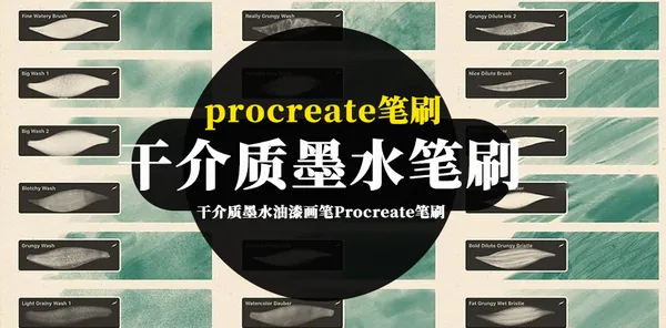 Procreate资源-干介质墨水油漆画笔Procreate笔刷套装素材资源