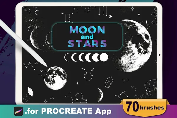 Procreate资源-月亮星星月球星座水晶等图案印章笔刷资源