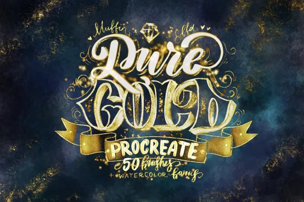 Procreate资源-金色发光效果画笔纹理效果笔刷资源和色卡素材