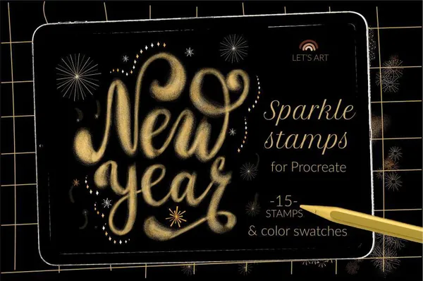 Procreate资源-金色闪光新年庆祝主题闪耀烟花效果笔刷素材