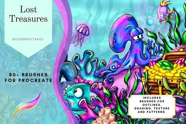 Procreate笔刷-81款海洋生物插画主题Procreate纹理笔刷素材