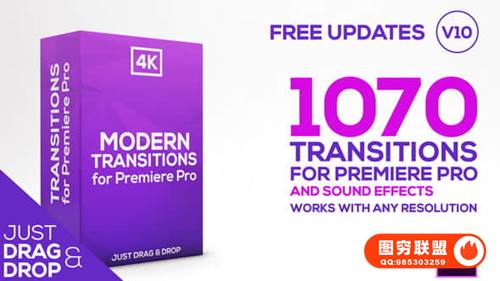 [PR模板]1075个移动缩放平移干扰RGB色彩分离扭曲抖动炫光转场+音效 Modern