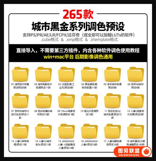 265款LR/PS预设工业风城市黑金夜景旅街拍胶片人像PR/AE/FCPX/Luts调色