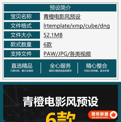6款LR预设青橙蓝橙电影德味旅拍PS/FCPX达芬奇手机APP滤镜PR调色LUT