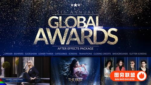 [AE模板]华丽优雅闪耀粒子晚会活动公司企业年会颁奖典礼开场片头包装 Global Awa