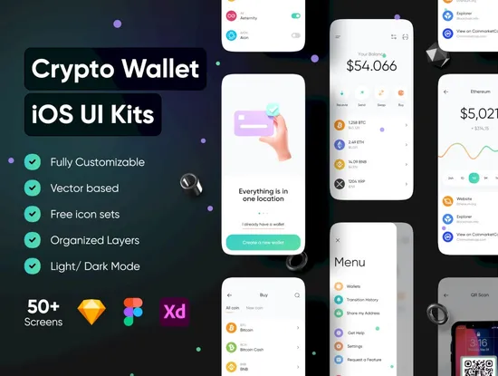 50个比特币加密钱包IOS UI 套件素材提供XD、figma、sketch格式