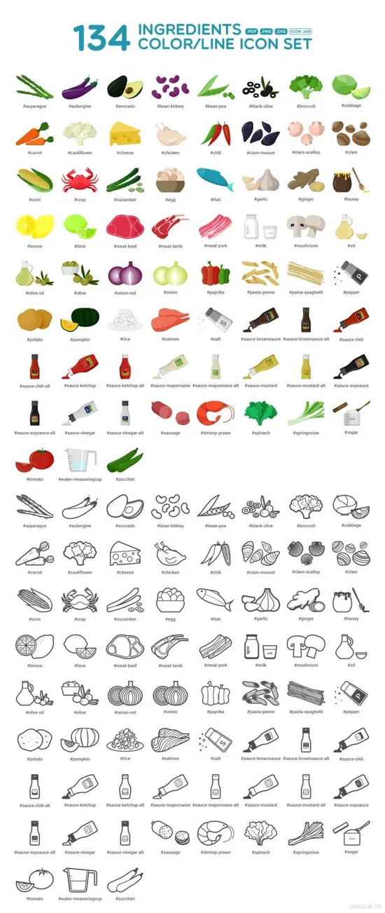 134个美丽的洋葱螃蟹三文鱼等蔬菜海鲜食物线条图标优质设计素材下载