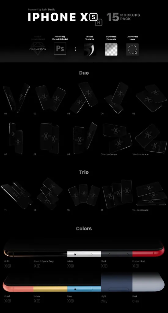 最新的15个角度iPhone XS XR作品展示模型素材下载- 提供PSD格式文件
