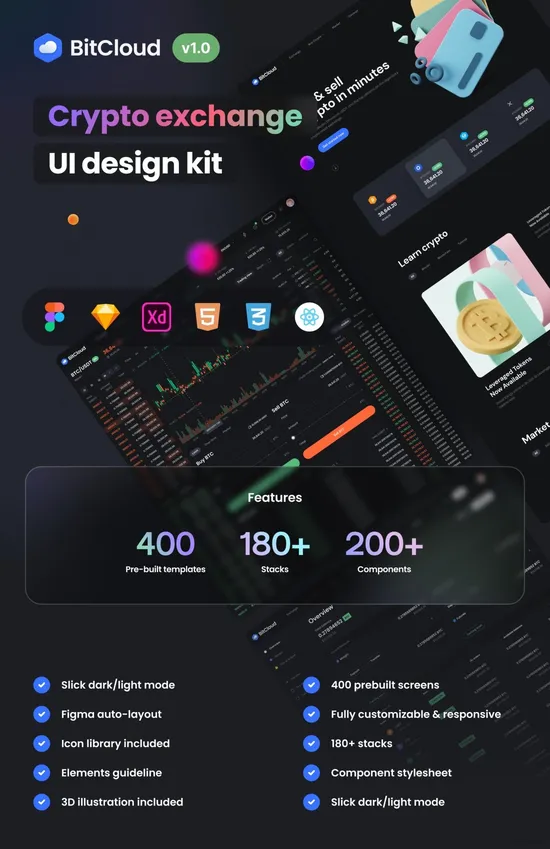 400高级个功能齐全的加密系统UI设计套件素材提供figma、sketch、xd格式