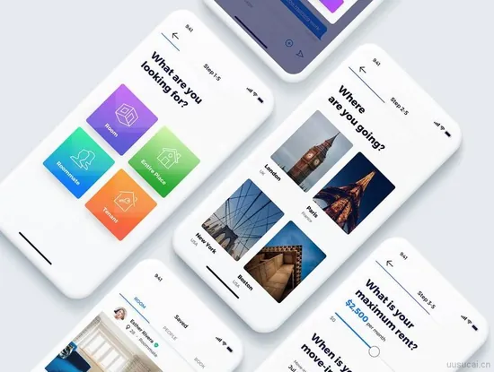 简洁清爽的用于租赁房间的iOS App UI工具包素材下载（含sketch和XD源文件）