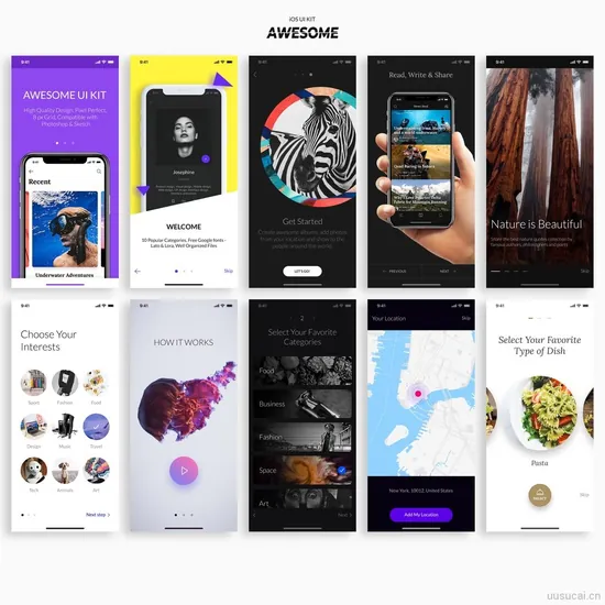 精品推荐适配8, 8+, 7, 7+, 6s, 6s+, 6, 6+, SE, 5s全系列的app界面设计素材,提供包含psd和sketch格式的ui设计素材下载