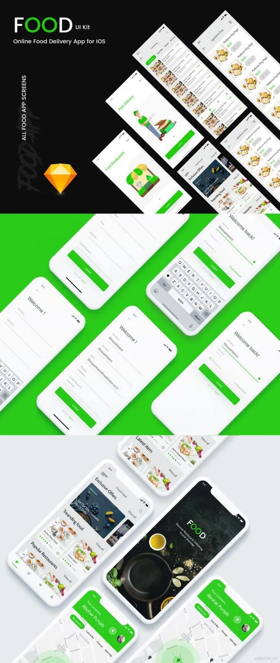 绿色系的毕业设计项目在线食品配送订餐业务app设计优质设计素材下载，提供psd格式源文件