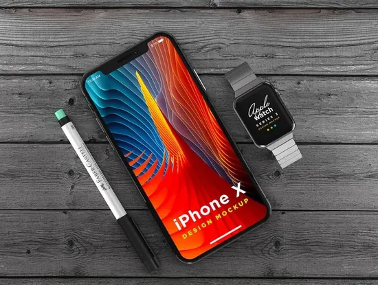 iPhone X和苹果手表Photoshop设计样机ui设计素材下载