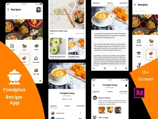 美食FoodPlus食谱毕业设计面试ui界面源文件素材下载（提供Adobe XD格式源文件）