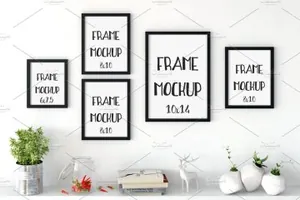 室内时尚黑边画框样机 Interior Frames Mockup in white