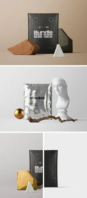 高级高清高分辨率高端逼真气泡和银箔包装产品场景