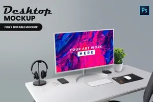 现代简约办公桌电脑高清屏幕预览样机 Desktop Mockup