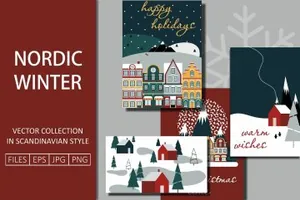北欧冬季圣诞节贺卡插画图案EPS矢量素材 Nordic Winter Greet