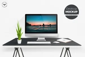 现代简约办公桌场景一体机电脑样机模板 Desktop Mockups with Table
