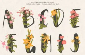 植物花卉装饰英文字母手绘素材 Floral Illustrated Alphabet