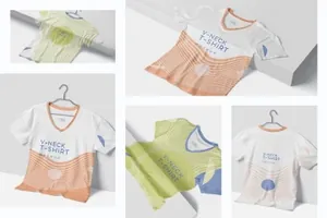 5个逼真高分辨率智能对象PSD时尚V领T恤样机