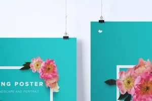 纵向悬挂海报设计效果图样机模板 Two hanging poster mockup