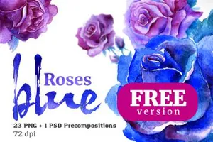 蓝色水彩风格花卉素材Blue Roses Floral Watercolor S