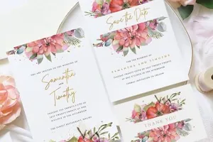 粉色水彩花卉婚礼邀请函模板素材 Gold Floral Wedding Invi