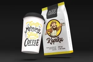 浮动的咖啡杯和袋袋样机下载