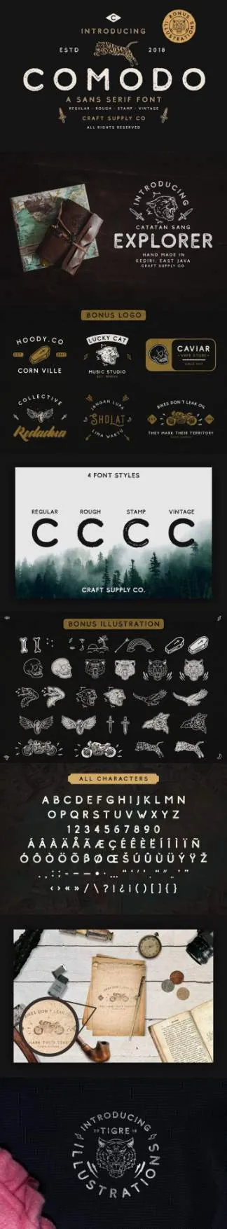 破旧粗糙复古的英文字体 Comodo Font Family + Illustrations