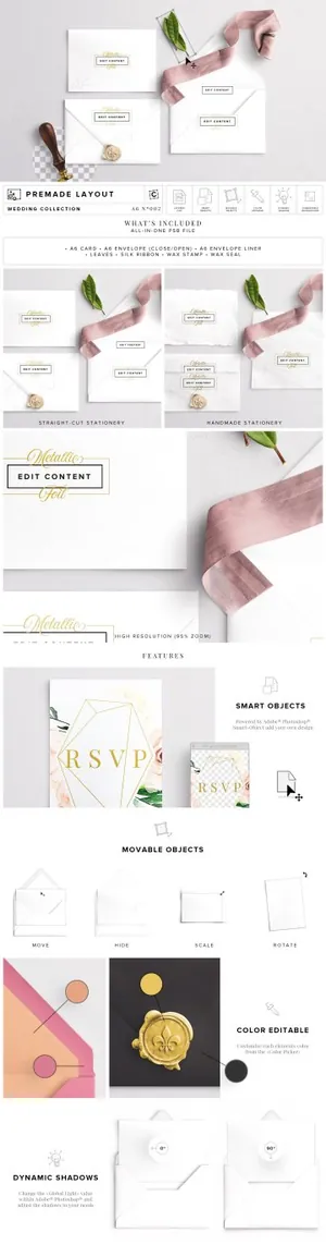 婚礼邀请函和信封样机模板 Wedding Invite  Envelope