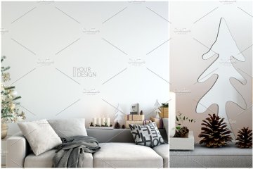 圣诞墙装饰样机 Christmas Interior Wall Mockups
