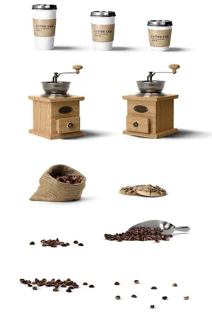 咖啡厅品牌形象咖啡豆包装袋水杯咖啡杯展示效果图VI智能贴图