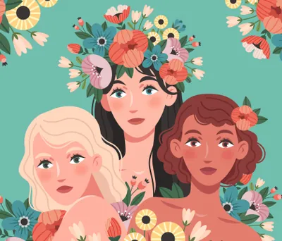 高质量三八妇女节女神节不同名族不同肤色花间少女矢量插画海报素材合辑