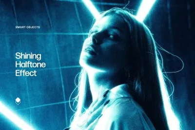 潮流赛博朋克都市夜晚光照把那色调纹理图片特效模板 Shining Halftone Photo Effect