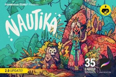 高质量水彩笔马克笔毛笔童话书籍插图绘画iPad笔刷素材 Nautika Procreate Brush Pack