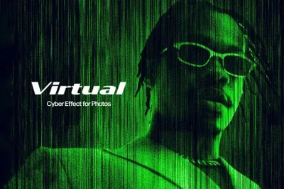 黑客帝国科幻监视器条纹显示器失真模式照片特效PSD模板 Virtual Reality Photo Effect