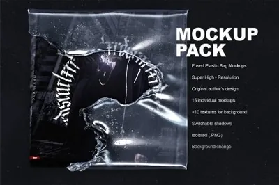 复古做旧酸性艺术逆反差CD唱片熔融塑料包装贴图样机模板 Fused Plastic Bag Mockup
