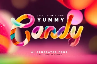 高质量AI技术生成甜美可口的彩色糖果英文字体素材 Yummy Candy - Color Bitmap Font
