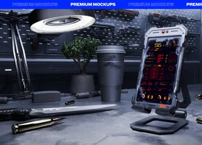 未来派赛博朋克末日战争科幻场景UI界面设计展示样机模板合辑 Cyber Mobile Mockups