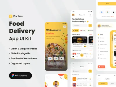 高质量黄色外卖送餐快餐订餐移动APP设计UI界面素材 Fodies Food Delivery App UI Kit