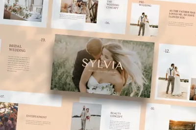 欧美时尚简约婚礼摄影杂志演示幻灯片模板素材 Sylvia Powerpoint Wedding Template