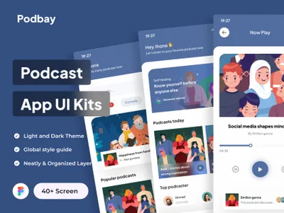 高质量在线直播音乐电台移动APP界面UI素材 Podbay - Podcast App UI Kits
