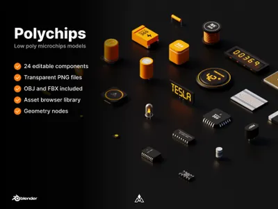 高质量科技芯片电子元件组件等距风图标合辑素材 Polychips 3D components microchips