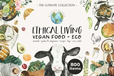 水彩手绘素食牧场家畜动植物果蔬剪贴画素材合辑 ETHICAL LIVING vegan eco lifestyle