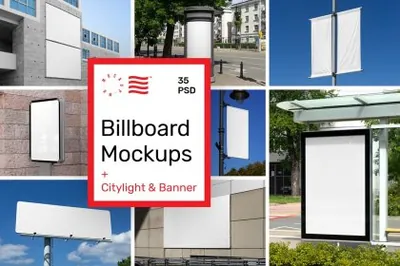 街头高炮指示牌道旗灯箱广告牌设计展示贴图样机模板 City Billboard Mockups Banners