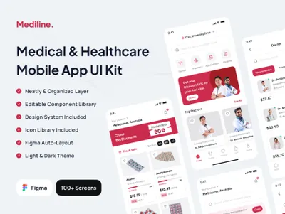 高质量医院诊所药店移动APP界面UI素材 Mediline - Medical Healthcare App UI Kit