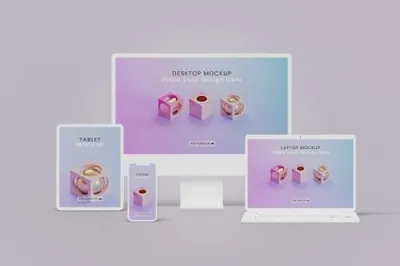 极简主义苹果全家桶粘土风电脑手机网页UI设计提案样机模板 Multi Device Clay Mockup