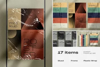 复古做旧褶皱塑料薄膜宣传单海报设计展示贴图样机模板 Glued Plastic Poster Mockups