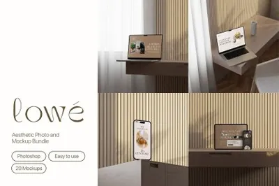 北欧极简主义手机电脑网页APP设计UI贴图展示样机模板 Lowe - Minimal Mockup Bundle
